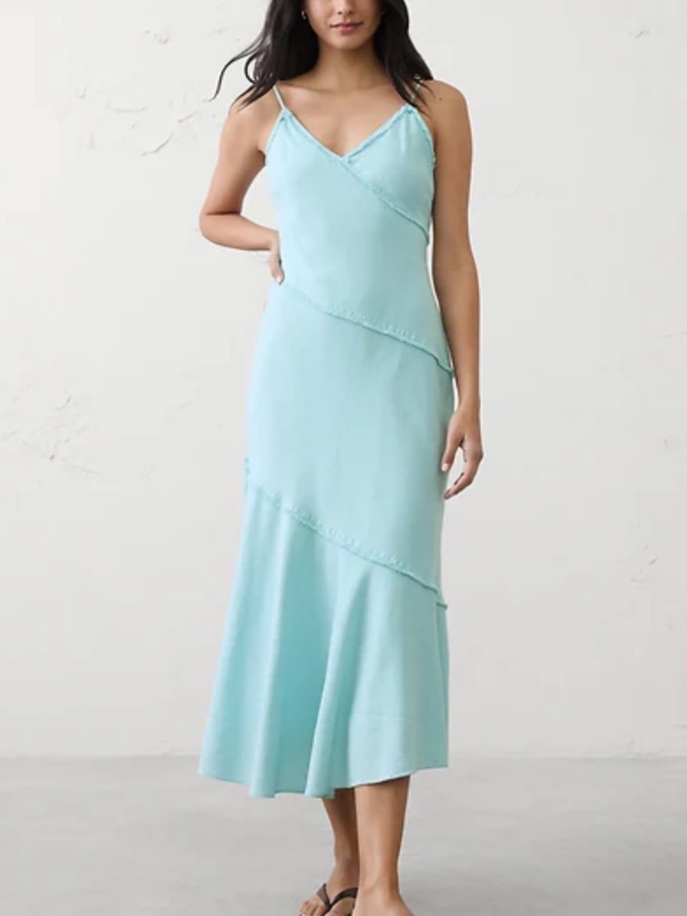 Banana Republic Linen-Blend Fray-Edges Midi Dress asymmetrical light blue Sz S